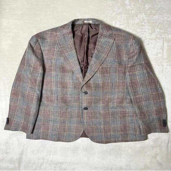 Joseph Abboud Linen Blazer Men's 44R Gray Rose Quartz Plaid Jacket Elevated Wool - Picture 1 of 11
